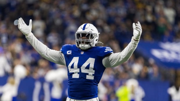 Dec 16, 2023; Indianapolis, Indiana, USA; Indianapolis Colts linebacker Zaire Franklin (44) pumps up the crowd in the first half against the Pittsburgh Steelers at Lucas Oil Stadium.